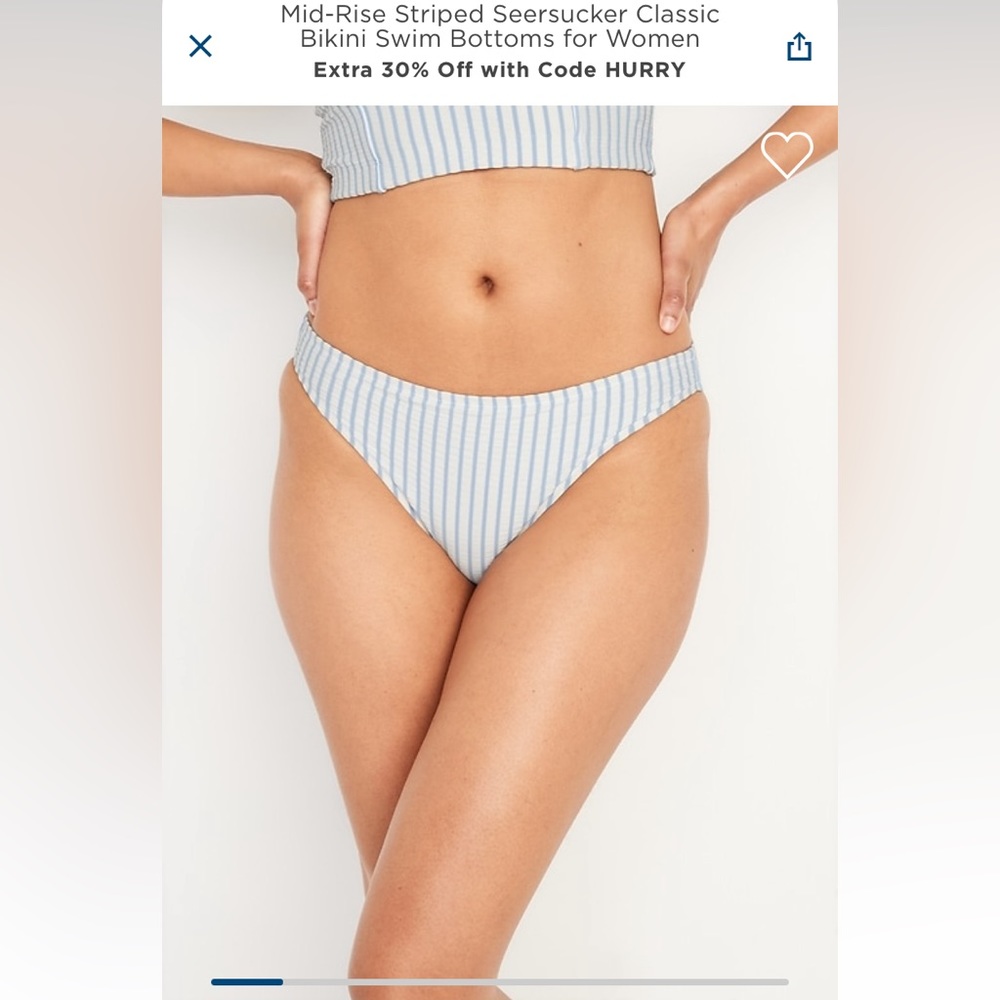 Mid-rise striped seersucker classic bikini swim bottoms for women. Nwt. Large